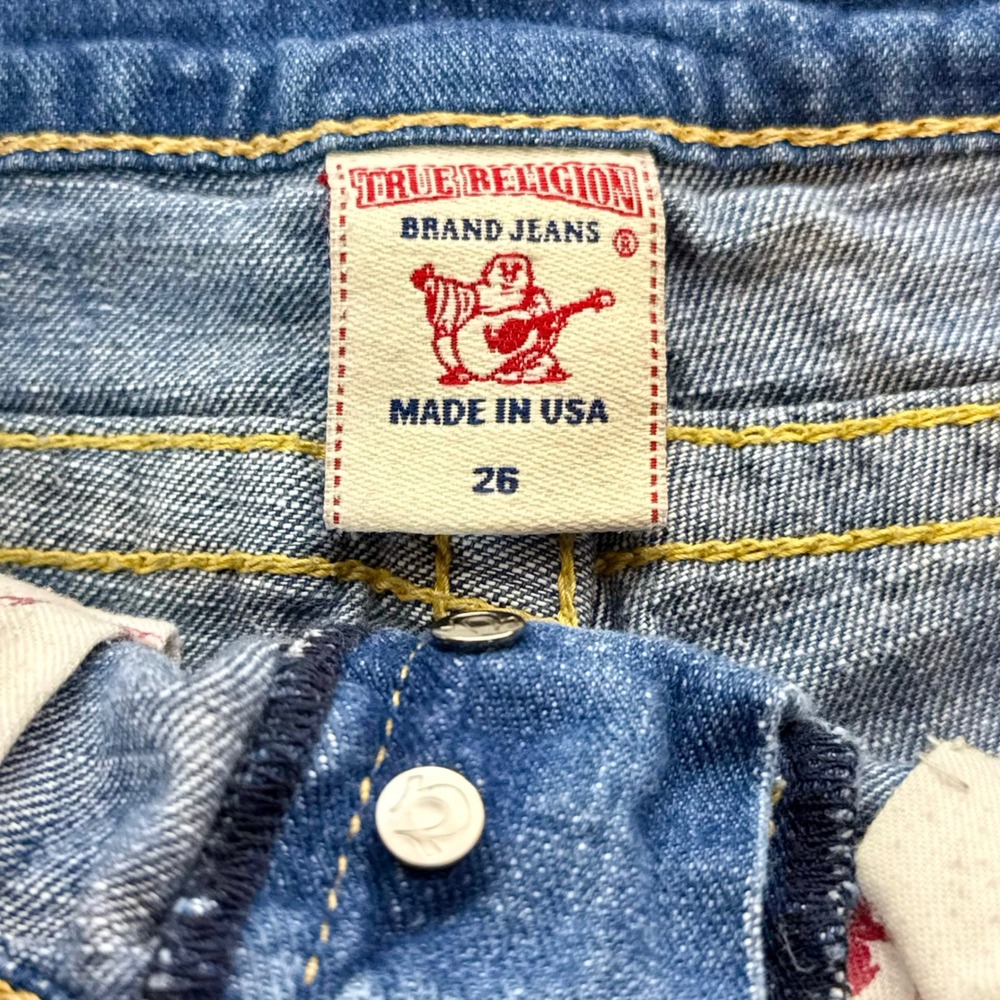 True Religion Joey Cut Off Denim Shorts Blue Distressed Low Rise W26 Made in USA - Picture 3 of 4